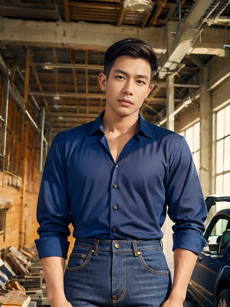 armface , Forearm , A handsome young man stood, (have a mustache:1) ,(Buzzcut:1.1), (short hair:1.2), The forearm is muscular.., (Wear a tight-fitting navy blue collared shirt with buttons.:1.6), (Jeans:1.5),, big muscles, Handsome and muscular, full body angle, (In warehouses, car repair shops:1.1), natural light