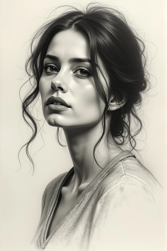 A stunning freehand sketch of a woman's portrait, masterfully rendered in crayon conté and charcoal. The subject has a thoughtful expression, her head slightly tilted, and her gaze lost in contemplation. The low-contrast, faded appearance gives the portrait a nostalgic feel, with light and blurred lines that seem to have been smudged with a finger. The subtle play of shadows and light adds depth to the sketch, showcasing the artist's exceptional mastery of the technique., painting, illustration