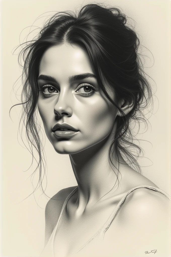 A stunning freehand sketch of a woman's portrait, masterfully rendered in crayon conté and charcoal. The subject has a thoughtful expression, her head slightly tilted, and her gaze lost in contemplation. The low-contrast, faded appearance gives the portrait a nostalgic feel, with light and blurred lines that seem to have been smudged with a finger. The subtle play of shadows and light adds depth to the sketch, showcasing the artist's exceptional mastery of the technique., painting, illustration