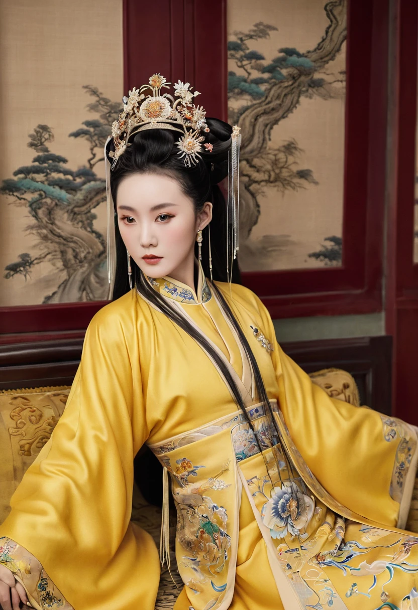 A gorgeous empress from the Chinese imperial court during the Qing Dynasty。The gorgeous empress of the Chinese court、Sitting on a big golden sofa、She is standing naked and groined with her hair tied on either side.。Kinky and erotic woman wearing a crown and tying her hair。, The background is the luxurious room of the empress in the Chinese imperial court during the Qing Dynasty.