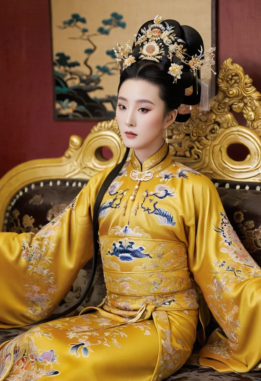 A gorgeous empress from the Chinese imperial court during the Qing Dynasty。The gorgeous empress of the Chinese court、Sitting on a big golden sofa、She is standing naked and groined with her hair tied on either side.。Kinky and erotic woman wearing a crown and tying her hair。, The background is the luxurious room of the empress in the Chinese imperial court during the Qing Dynasty.