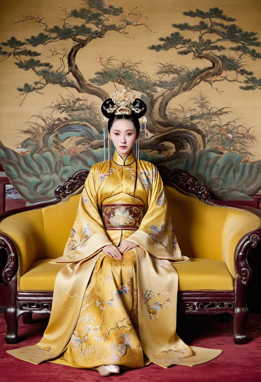 A gorgeous empress from the Chinese imperial court during the Qing Dynasty。The gorgeous empress of the Chinese court、Sitting on a big golden sofa、She is standing naked and groined with her hair tied on either side.。Kinky and erotic woman wearing a crown and tying her hair。, The background is the luxurious room of the empress in the Chinese imperial court during the Qing Dynasty.