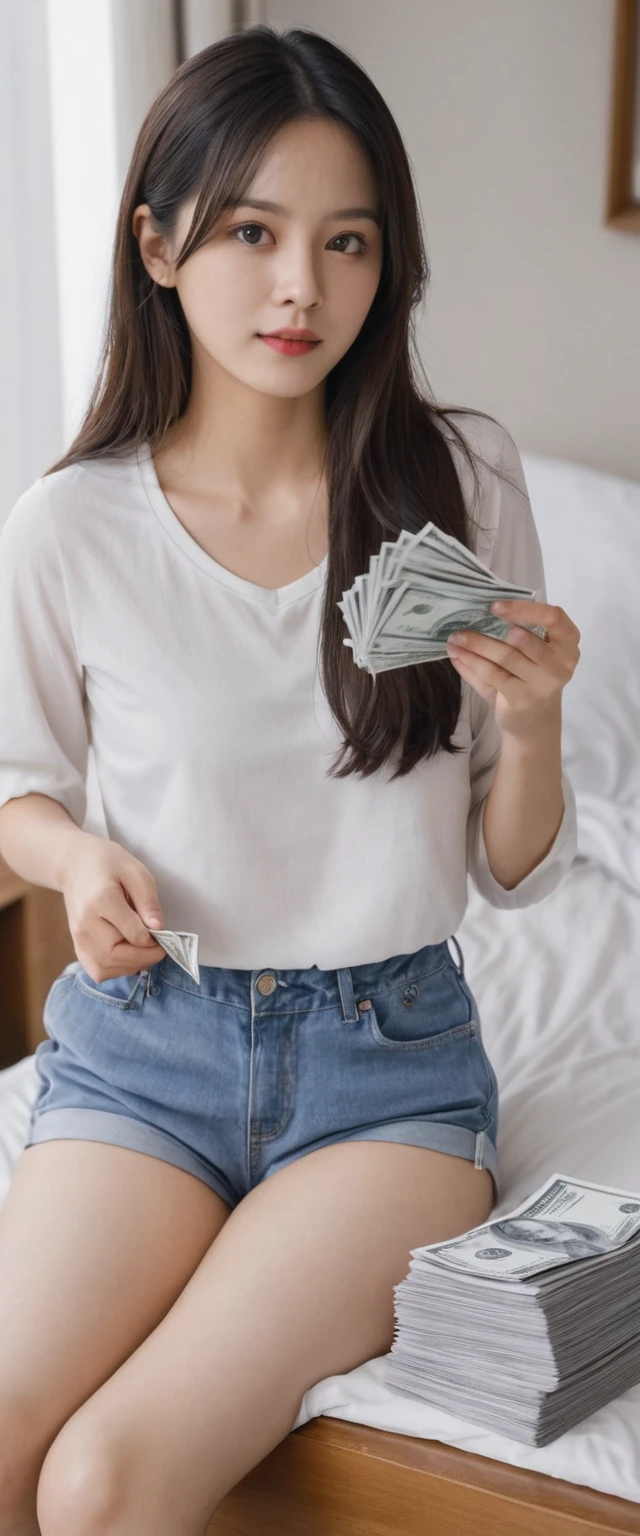 high quality, detailed, A girl is counting a stack of bills in her hand,The girl is sitting on the bed,