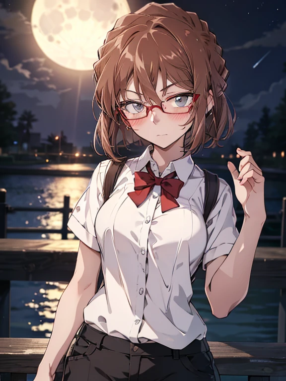 Moon, Red bow tie, Black-rimmed glasses, blush, Confession, (Moonlit Confession:1.5), The background is the seaside park, cute, Beauty, Shortcuts, Haibara Ai, Brown Hair, (masterpiece), highest quality, 1girl, uhd, retina, masterpiece, ccurate, anatomically correct, textured skin, super detail, high details, high quality, best quality, highres, 4K