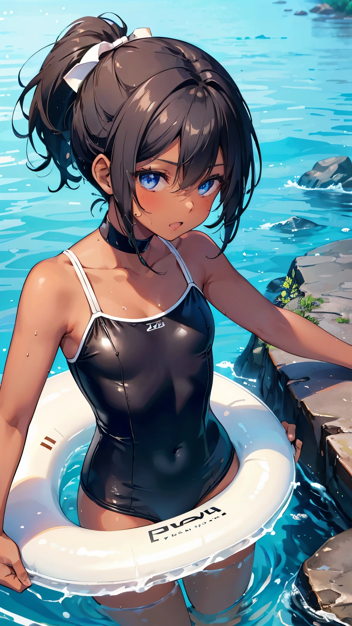 ,girl,Highest quality,Black Hair,Sunburn,blue eyes,Brown skin,Dark Skin,Very short hair,ponytail,Cat Eyes,Double teeth,Small breasts,Cat swimsuit,Wet with water,Clear Stream,river,Water Play,