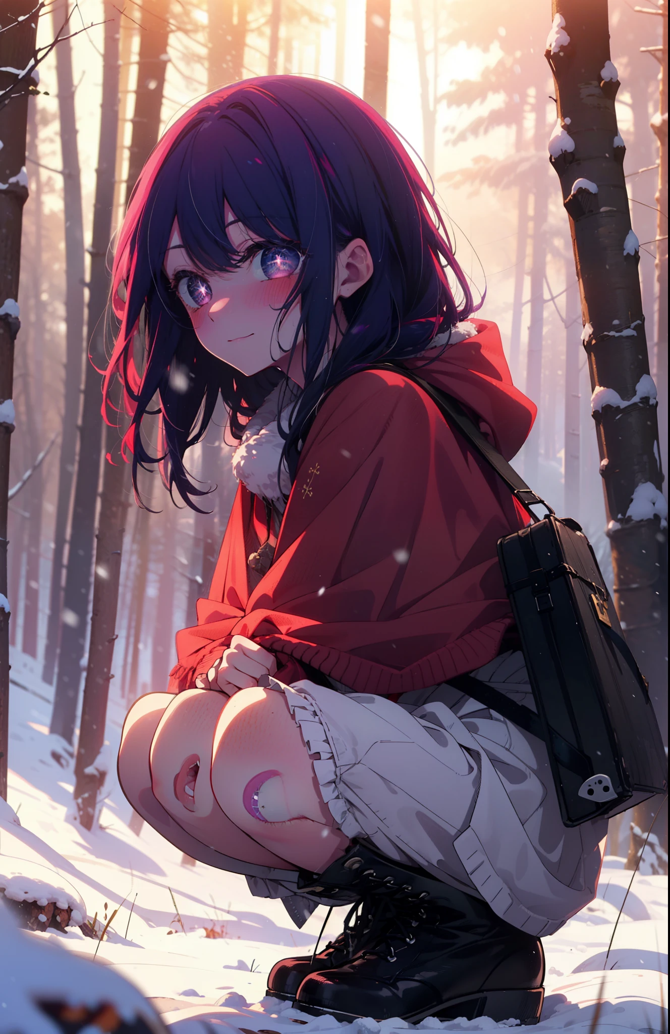 aihoshino, Ai Hoshino, Long Hair, bangs, (Purple eyes:1.1), Purple Hair, (Symbol-shaped pupil:1.5), smile,,smile,blush,white breath,
Open your mouth,snow,Ground bonfire, Outdoor, boots, snowing, From the side, wood, suitcase, Cape, Blurred, , forest, White handbag, nature, Squat, Mouth closed, Cape, winter, Written boundary depth, Black shoes, red Cape break looking at viewer, Upper Body, whole body, break Outdoor, forest, nature, break (masterpiece:1.2), Highest quality, High resolution, unity 8k wallpaper, (shape:0.8), (Beautiful and beautiful eyes:1.6), Highly detailed face, Perfect lighting, Highly detailed CG, (Perfect hands, Perfect Anatomy),