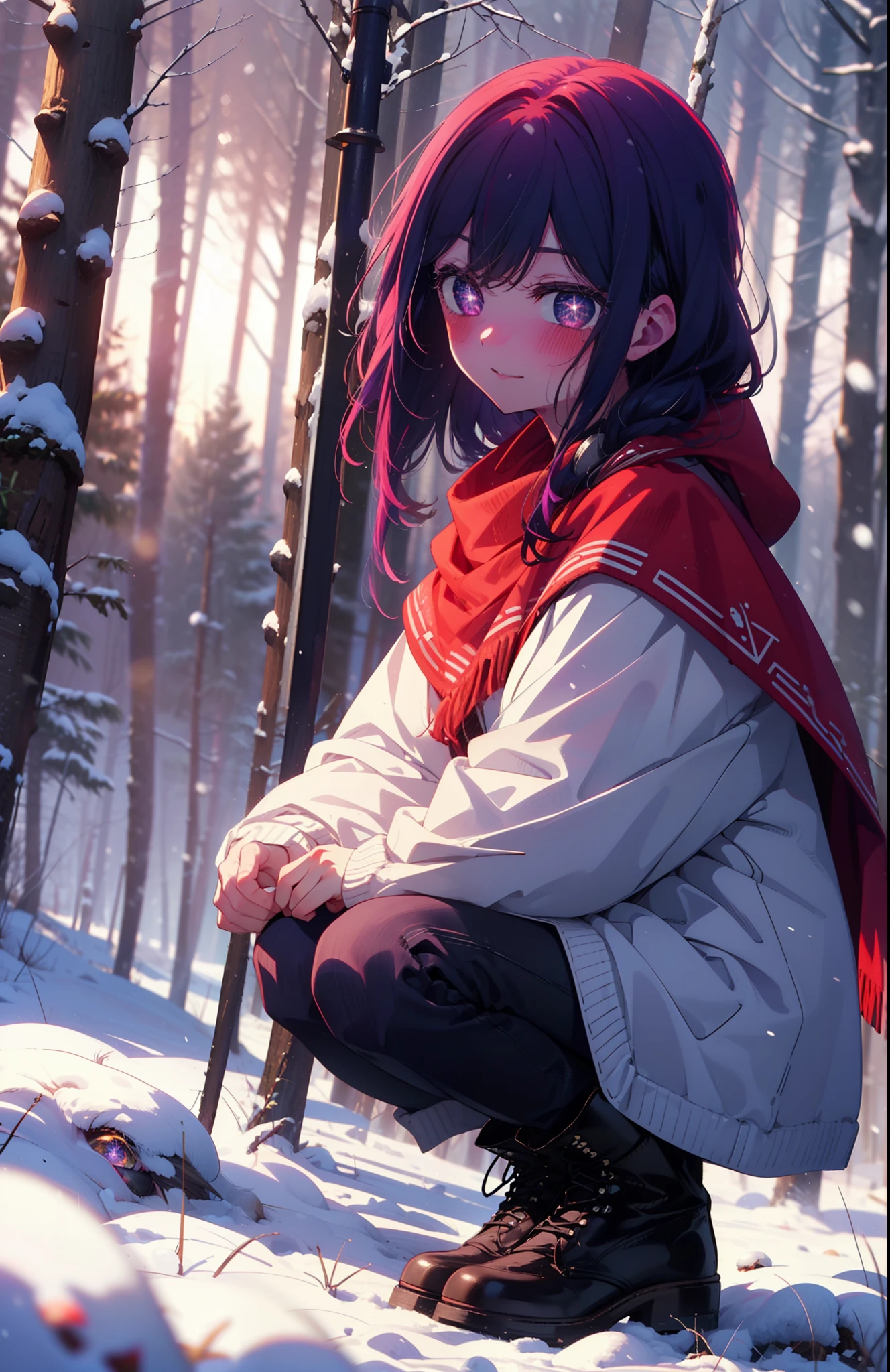 aihoshino, Ai Hoshino, Long Hair, bangs, (Purple eyes:1.1), Purple Hair, (Symbol-shaped pupil:1.5), smile,,smile,blush,white breath,
Open your mouth,snow,Ground bonfire, Outdoor, boots, snowing, From the side, wood, suitcase, Cape, Blurred, , forest, White handbag, nature, Squat, Mouth closed, Cape, winter, Written boundary depth, Black shoes, red Cape break looking at viewer, Upper Body, whole body, break Outdoor, forest, nature, break (masterpiece:1.2), Highest quality, High resolution, unity 8k wallpaper, (shape:0.8), (Beautiful and beautiful eyes:1.6), Highly detailed face, Perfect lighting, Highly detailed CG, (Perfect hands, Perfect Anatomy),