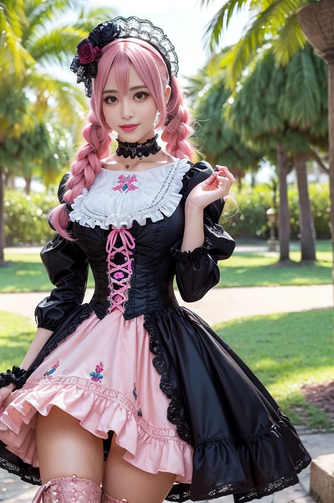 sexy stylish Spanish model, only 1 female, ((doll-like appearance)), long neon pink stylish hair, ((ultra detailed Victorian-Style boots)), beautiful smile, ultra detailed eyes, vivid eye makeup, lipgloss, long lashes, defined eyebrows, ((sexy Paradise Kiss cosplay)), bell-shaped skirt, petticoats, high neckline, puffed sleeves, (( ultra detailed lace)), ((ultra detailed embroidery)), intricate details, Paradise Kiss accessoires and matching headpiece, choker, ((large sparkling Paradise Kiss jewelry)), cinematic light, detailed large park background with trees