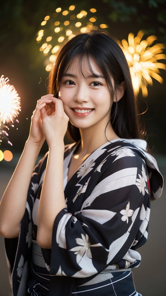 One girl, solo, High resolution, Gaze, smile, Black Hair, yukata,firework,Tying up hair, High-resolution model, high quality, 