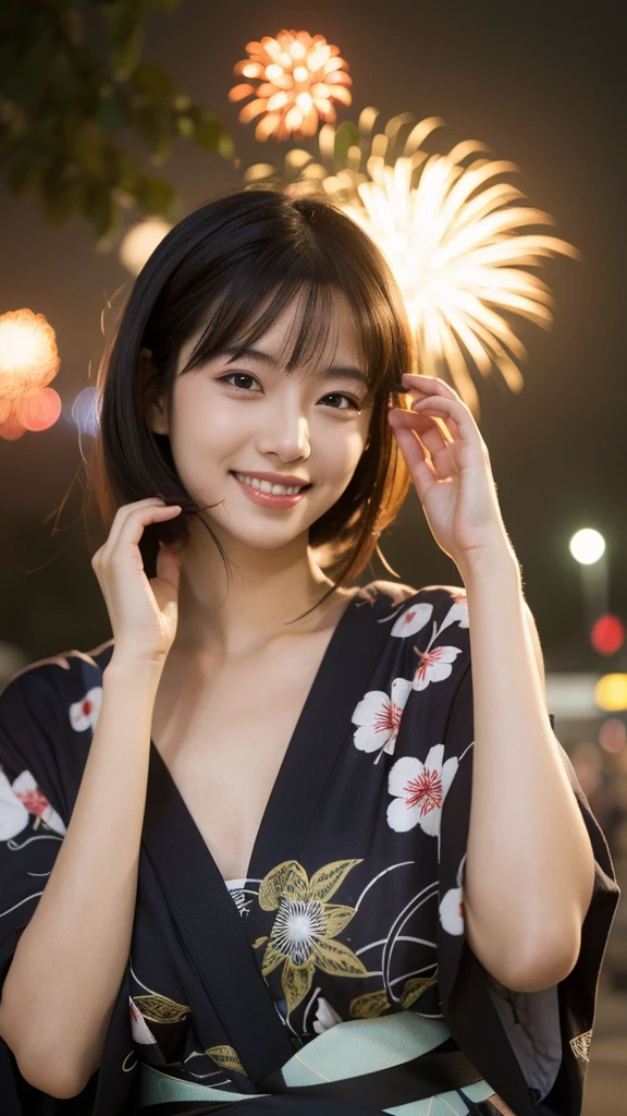 One girl, solo, High resolution, Gaze, smile, Black Hair, yukata,firework,Tying up hair, High-resolution model, high quality, 