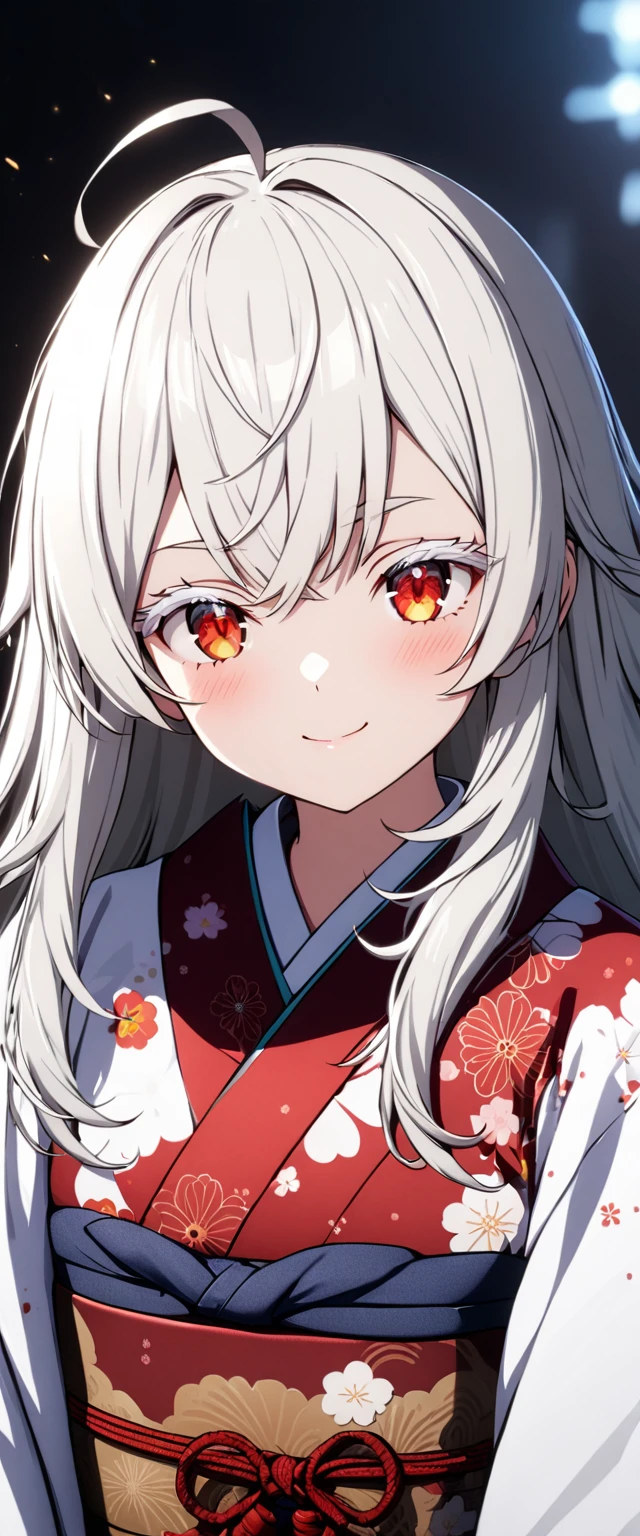 Highest quality,masterpiece,unity 8k wallpaper,Very detailed,Detailed light, Best Shadow,Very detailedな肌,Beautiful attention to detail,Very detailedな顔,Detailed reflective eyes,Shiny Hair,Shining Eyes,(One girl:1.4),Gloss,smile,kimono,(赤いkimono:1.2),Red eyes,Silver Hair,(white eyelashes:1.2),white eyebrows,clothes,can,ahoge,