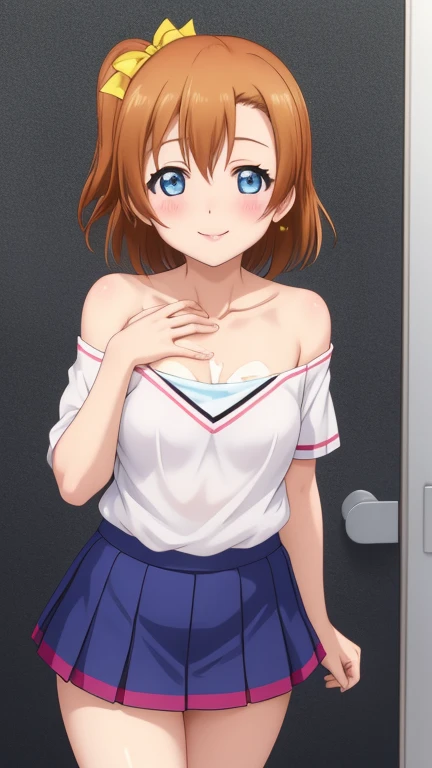 alone, Honoka Kousaka, blue eyes, chest, blush, smile, short_hair, Glossy Lips, 前hair, mini skirt, medium chest, shirt, chestの谷間, Off the shoulder, clavicle, Moisturized Skin, Clenched_hand, shirt, pressing her chest, Thighs