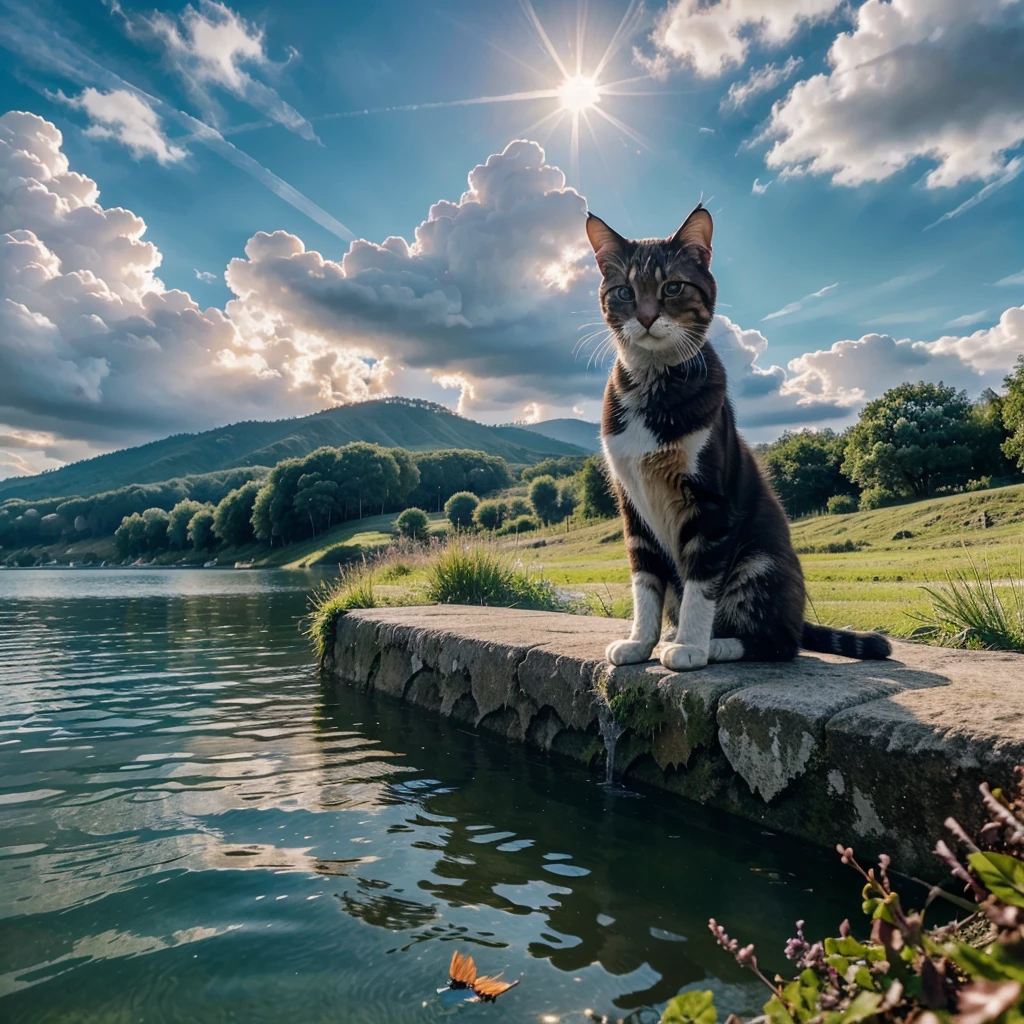 8K, ultra hd, masterpiece, hd colors,cat,cats,Realistic scenery, epic scenery, sun rising,clouds, Butterfly,flowing wind,sitting in the water,cute,funny,cute cat,