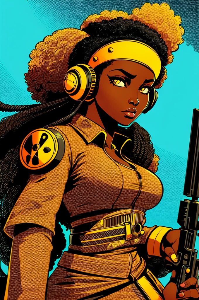1970s Militant African woman with headphones holding a gun and wearing shooter's earmuffs, vector art by Eddie Mendoza, Afro hair,  digital art, background artwork, in style of digital illustration,retro comic art style, retro style art, retro illustration, highly detailed vector art