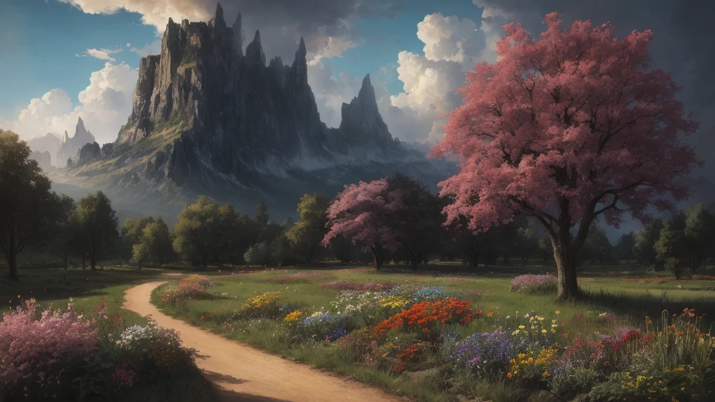 excellent oil painting of a landscape, vibrant colors, powerfull style with epic dramatism,  small willage, mistery land, best quality, maximum quality, intricate details, ultrasahrp, ambient oclusion, realistic shadows, art by Bastien Lecouffe Deharme, 8k, oil art,  8k perfect quality, dramatic magic wind with blowing leafs and flowers 
