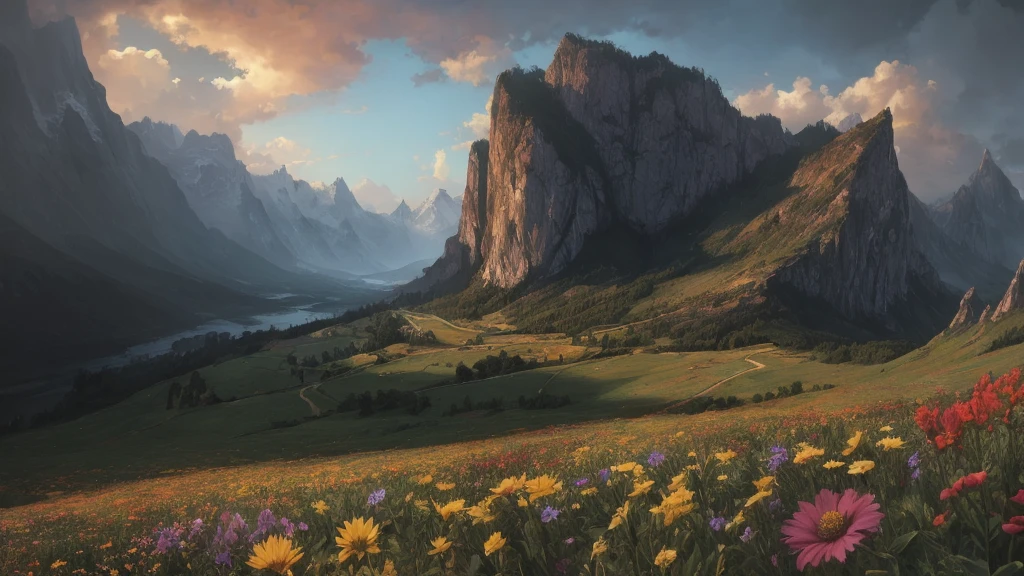 excellent oil painting of a landscape, vibrant colors, powerfull style with epic dramatism, small willage, mistery land, best quality, maximum quality, intricate details, ultrasahrp, ambient oclusion, realistic shadows, art by Bastien Lecouffe Deharme, 8k, oil art, 8k perfect quality, dramatic magic wind with blowing leafs and flowers