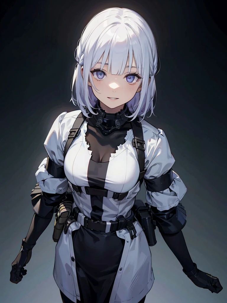 RPK-16,Shooting guns, hair is white, In the spotlight, The background is a dark and desolate landscape, Horror movie atmosphere. Her figure is very beautiful, Emphasizing the dark and crazy elements. Skillfully expressing the effects of light and shadow, detailed, The face and expression of the black costume are also carefully drawn.....,(Tilt your head:1.2), ([sketch|watercolor \(Moderate\)]:1.15),Chaotic abstract background, Vector Trace, Gradient blending and whole body, Artistic elements add depth to the work. The overall atmosphere is creepy and nightmarish....., With a unique artistic touch. This movie is、The dark and crazy world of horror movies depicted in HD., Evoke visual stimuli and aesthetic sense