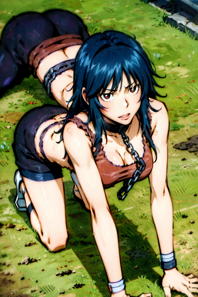 red eyes, blue hair, long hair, messy hair, (((red tank top))), navel, bare shoulder, hair between eyes, straight hair, gleaming kin, oil skin, shiny skin, sweat, wet skin, large breasts, cleavage, (((hands on the ground, on all fours))), (((chain leash, viewer holding chain leash, animal collar, animal collar connected chain leash, pet play, collar))),
