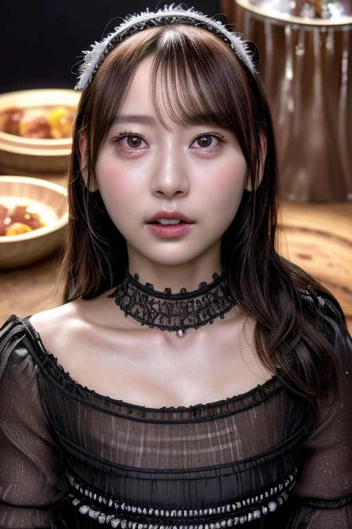 (realistic,photo-realistic:1.4), (masterpiece, best quality:1.2), RAW photo, high resolution, intricate details, extremely detailed, cinematic lighting, (disembodied head on table stand:1.5), solo, a Japanese woman, dark hair, choker, jewelry, (detailed face, beautiful detailed eyes, sophisticated nose),,,[Kubincess in Nogizaka46],[Tomak]