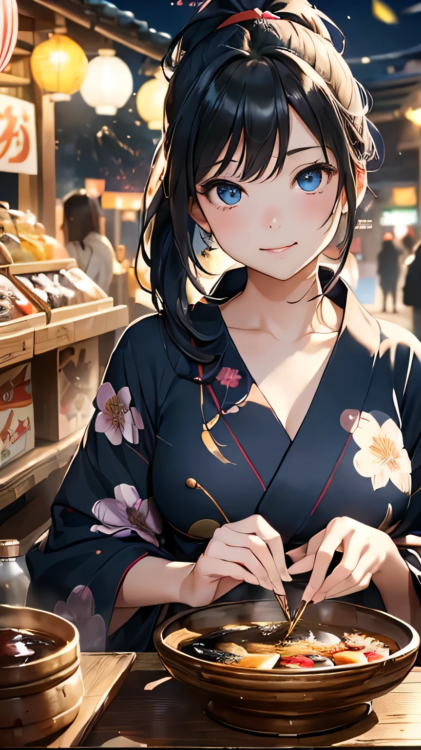 最high quality、Best image quality、masterpiece、With a girl((cute、20-year-old、Best Bust、Medium Bust、Beautiful Blue Eyes、Spread your chest wide,Black Hair、ponytail、Disheveled Hair、thin、Highest Valley、Red yukata、smile)）high quality、Beautiful art、background((night、festival、stall、Fireworks、Beer )),Tabletop、Exquisite design、Visual Arts、Written boundary depth、Best lighting、Highest detail、8ｋ