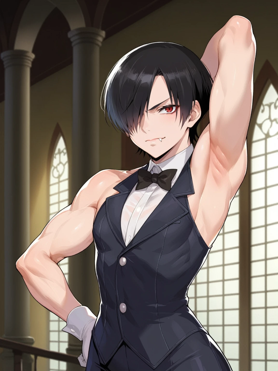score_9, score_8_up, score_7_up, source_anime, flat color, anime screencap, ikuchan, BREAK, 1boy, hellsing, genderbend, serious, apathetic, bored, twink, indoors, smug, lean, femboy, otoko no ko, full-body, muscular, large waist, large thighs, ((solo)), seras Victoria, huge thighs, armpits, tuxedo suit, black hair, red eyes, vampire, fangs, castle, indoors, mansion, hair over one eye, portrait, closed mouth