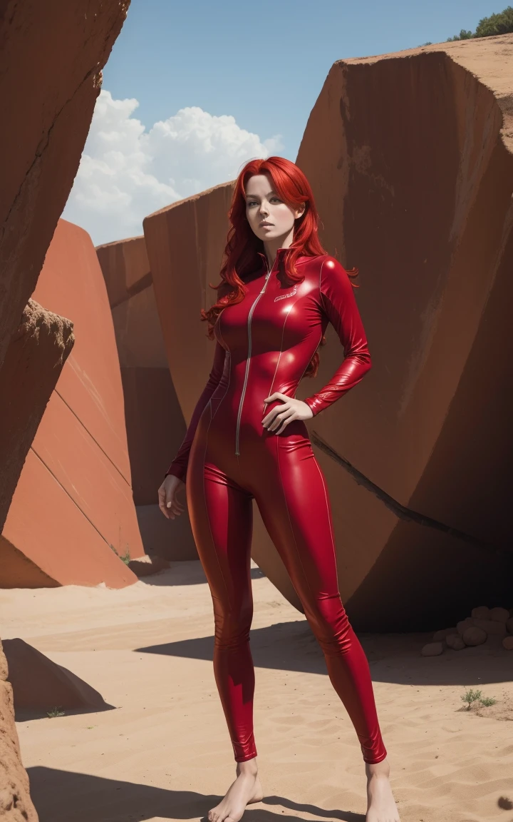 Red hair, red spandex catsuit d, standing , top down view, barefoot