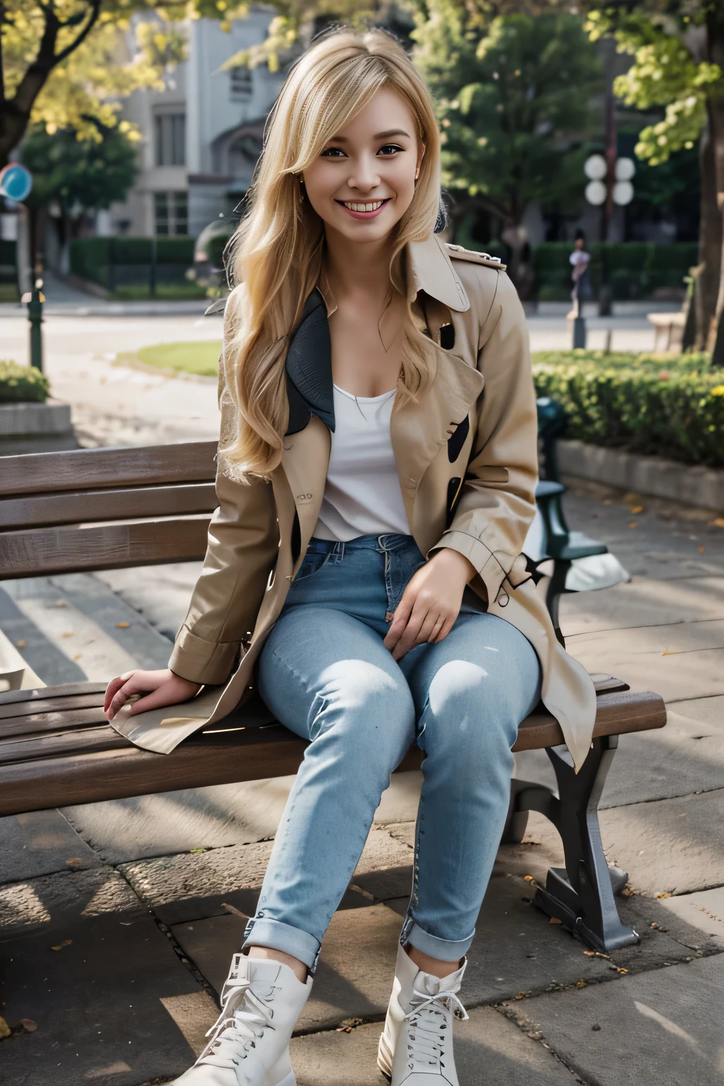 Highest quality, High resolution, 8k wallpaper, Beautiful woman, Woman sitting on a park bench、、trench coat、, Skinny jeans, boots、 Blonde Hair 、 Beautiful Bangs 、ear piercing、smile、Beautiful teeth alignment