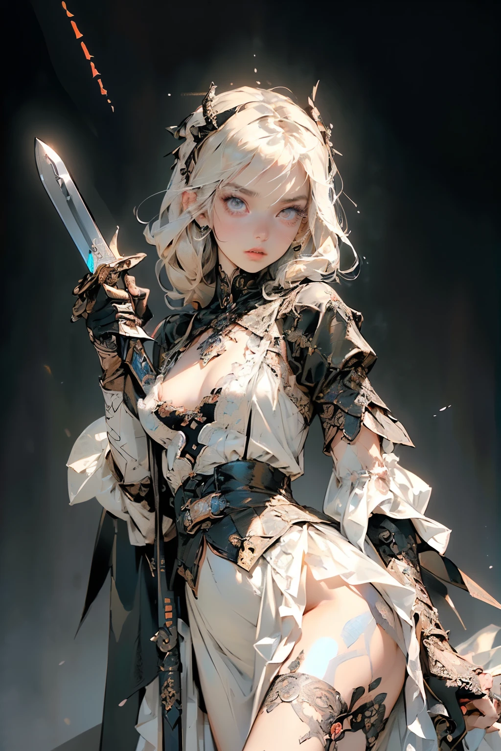 (((masterpiece, of the highest quality, super detailed))), (a female knight of an occult order), (an occult saint), (combat pose), (ready for combat), (resolved expression), (resolute expression), (((holding a sword with a digital-glitch-like blade as though it is rapidly flickering in and out of reality))) ((glitch sword)), ((glitching sword blade)), (nier: automata), Edwardian/Victorian era inspired, ((minimal but intricate beautiful armour)), ((Fluttering lace flared dress with frilly petticoats)), ((((Highly detailed face))), (((Very sharp focused eyes))), very long eyelashes, (small breasts), (((flat chest:1.1))), occult aesthetic, (red and white clothing detailed and intricate steampunk and detailed gothic), (with a hood), complex lace boots, (full body)