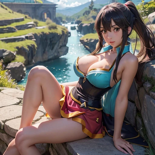 konosuba anime girls, ((aqua, Darkness y Megumin)) with huge tits and slim body, beautiful youthful appearance face nsfw, long blonde hair with high ponytail and bangs, voluminous lips big and expressive eyes, Image 1.2 high resolution 12k, legs spread, landscape photography