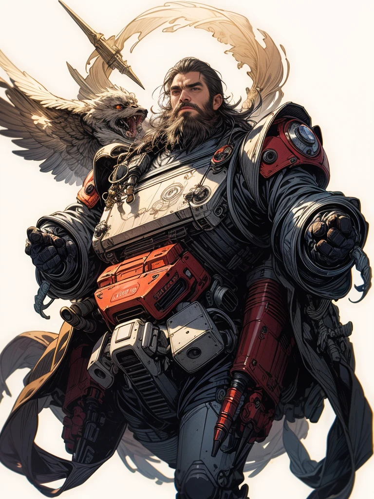 best quality,masterpiece,Ultra-high resolution,1 man,Looking at the audience,one,Yamamoto Takato style,
simple background,White_background,Machinery Division,Exoskeleton,Cold-blooded bearded man,toughboy style