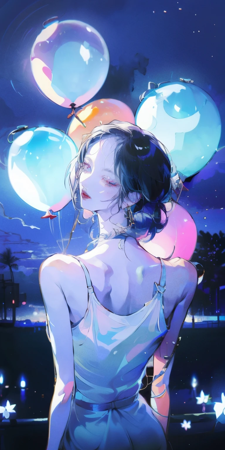 (masterpiece:1.2, high quality), (pixiv:1.4),Volumetric Lighting, Backlight, night, singer, balloon, on stage