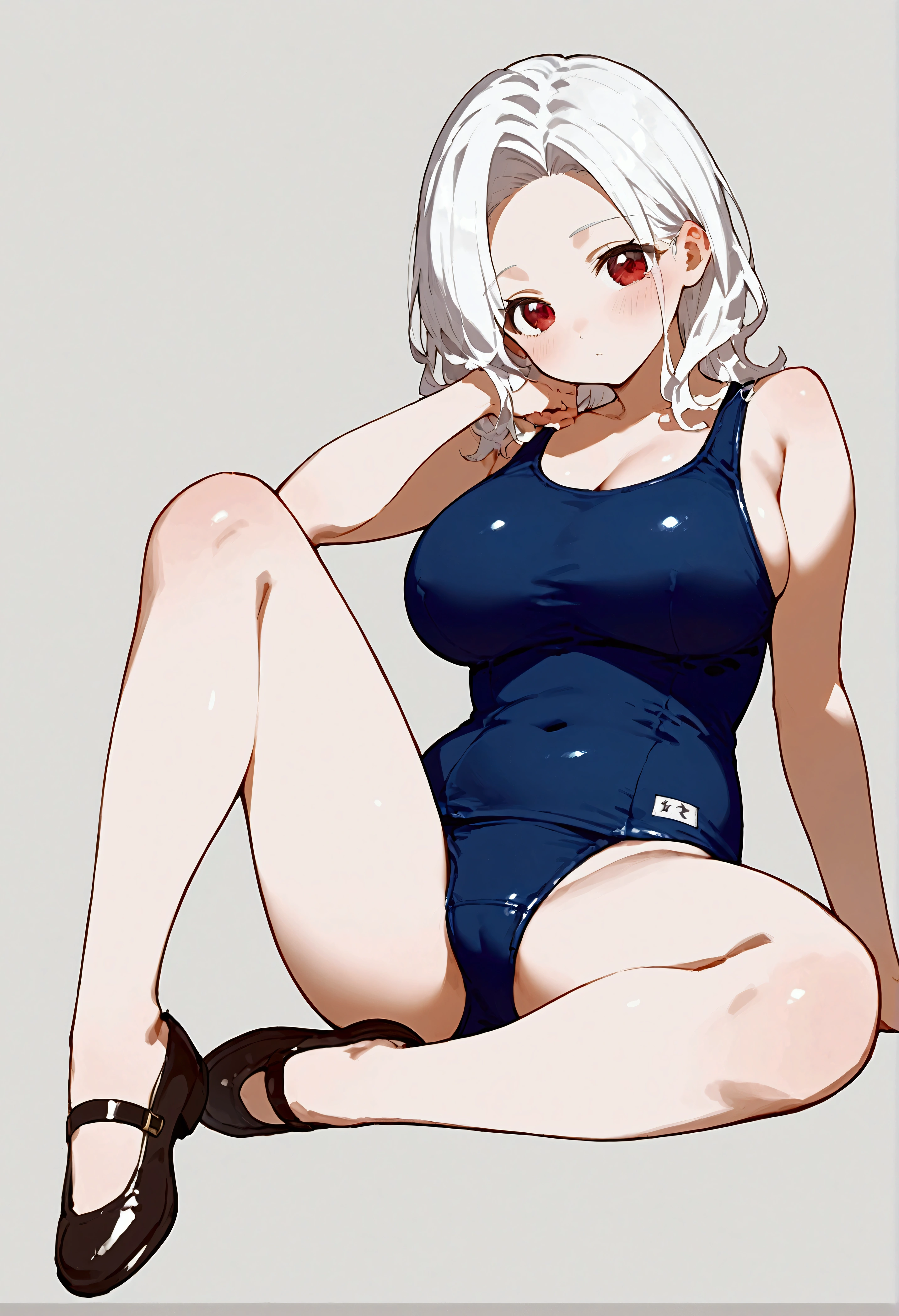score_9, score_8_up, score_7_up, source_anime, anime illustration, anime style, sitting, open your legs, 1lady, solo, (sexy lady1.3), large breast, white hair, red eyes, Various lengths of hair style, parted bangs, school swimsuit, shoes, (blush:1.2), (cute simple background:1.2)