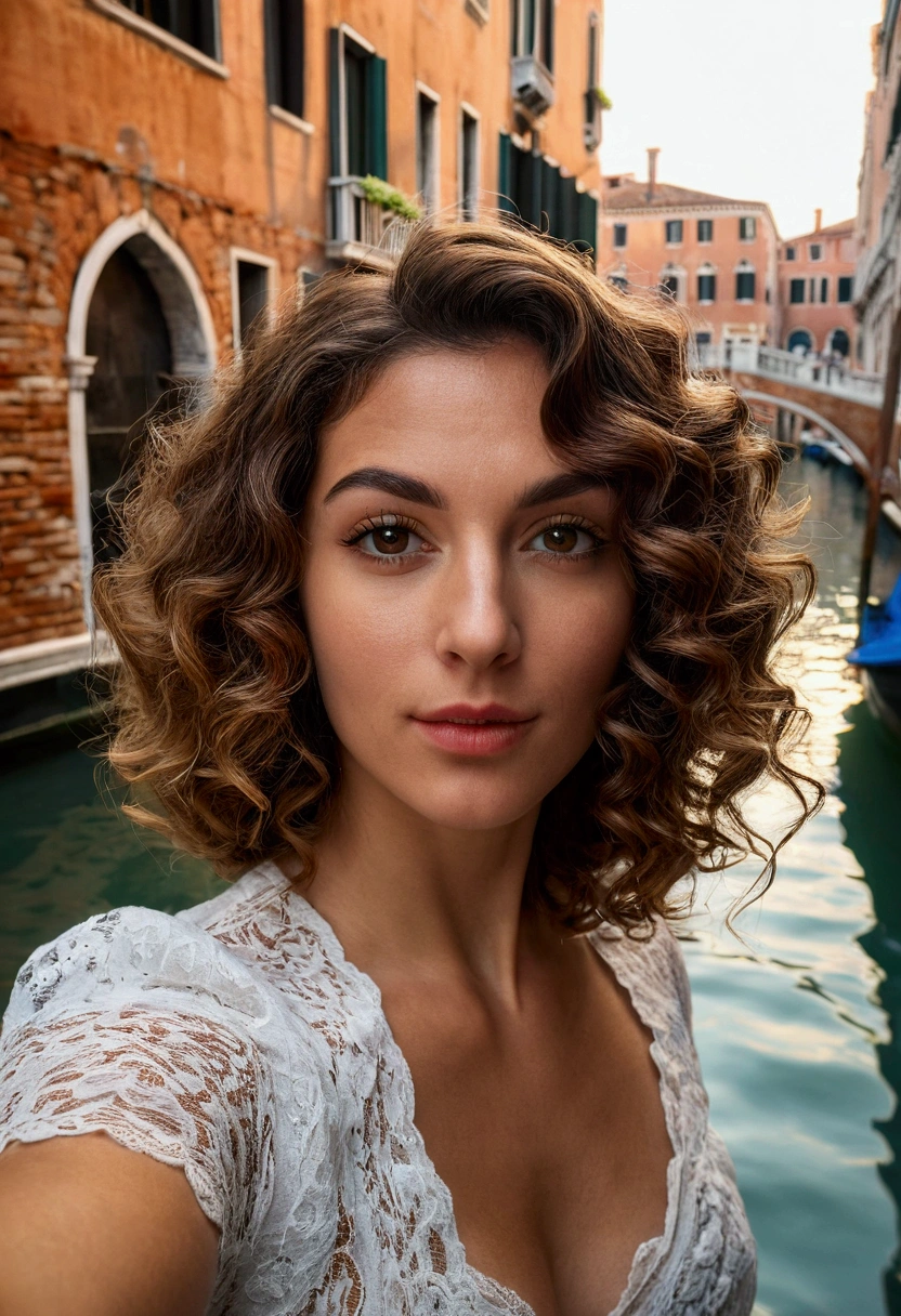 Photo d'beautiful Italian in Venice, Short wavy river hair taking selfie