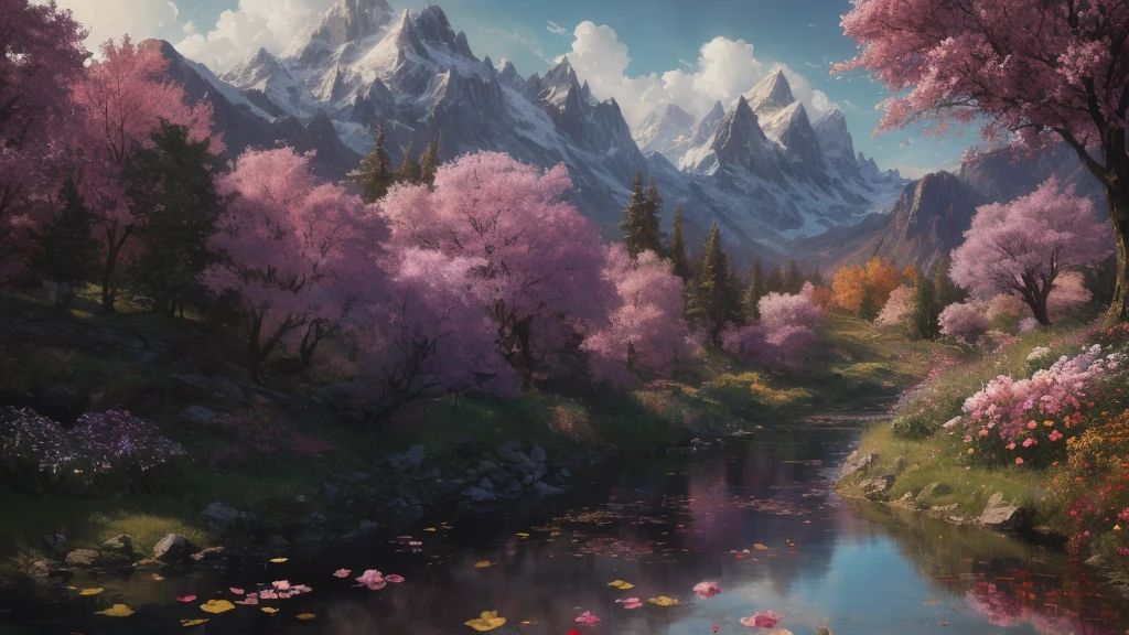 excellent oil painting of a landscape, vibrant colors, powerfull style with epic dramatism, small willage, mistery land, best quality, maximum quality, intricate details, ultrasahrp, ambient oclusion, realistic shadows, art by Bastien Lecouffe Deharme, 8k, oil art, 8k perfect quality, dramatic magic wind with blowing leafs and flowers