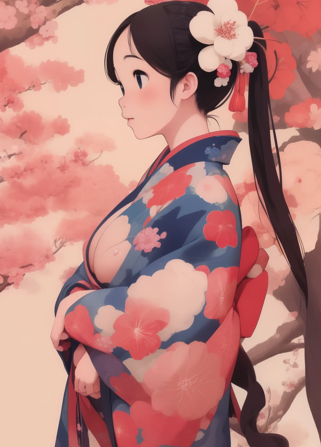 (masterpiece、Highest quality、Highest quality、Official Art、Beautiful and beautiful:1.2)、(One girl:1.3)Hatsune Miku、Twin tails,Beautiful breasts, Katsushika Hokusai,A woman in a kimono with flowers in her hair, Official illustrations, Official Artwork, Official Art, In the Ukiyo-e art style, Inspired by Hishikawa Moronobu, Cute girl anime visuals, In kimono, Japanese Art on Behance, Young woman anime visual, Inspired by Sukenori Nishikawa