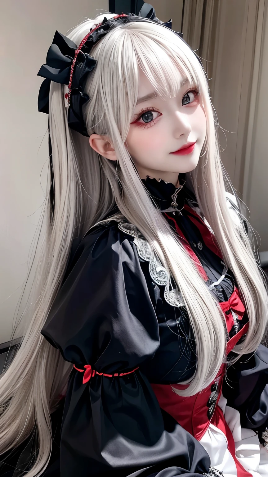 Has long white hair and red eyes、Please draw a super beautiful girl wearing a black hair accessory.。She wears a Gothic Lolita outfit、The elegant and mysterious atmosphere surrounds you.。Her hair ornament is black、Showing off her beautiful hair、It highlights her individuality。
Her Gothic Lolita outfit、A dark and luxurious design that is still subtle、It maintains its understated charm。Lace and ribbon、Accents such as ruffles、It is a hallmark of her Gothic Lolita style.。The outfit hugged her figure beautifully.、It gives elegance and class。
Her red eyes shine passionately、Combined with her charming smile、It highlights her individuality and charm.。Her smile has a unique charm、Combined with her mysterious aura、Her charm stands out even more。Her appearance is美しく、Its presence is captivating。
This beautiful girl with long white hair and red eyes、Wearing a modest yet attractive Gothic Lolita outfit、It displays its beauty and dignity。Her appearance is、Her presence and charm in the world of Gothic Lolita fashion is fused together.、It is a fascinating and mysterious sight.。