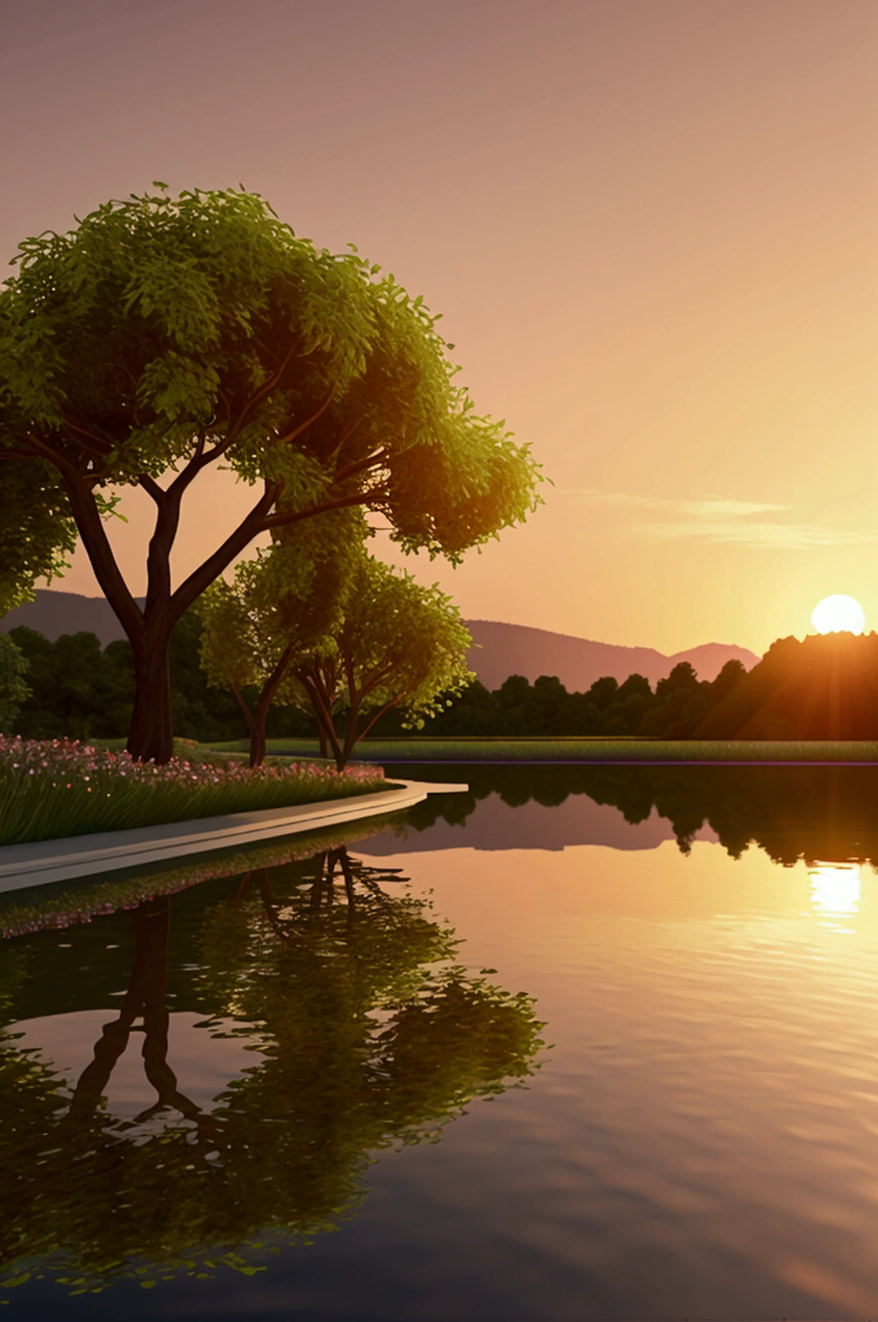 A stunning 3D render illustration of a serene spring rain at sunset. The scene features a tranquil lake with a gentle stream flowing into it, surrounded by blossoming wildflowers and lush greenery. The sky is painted with a warm golden hue, casting a soft glow on the scene. In the distance, there's a silhouette of a small hill, with a single tree standing sentinel against the backdrop of the vibrant sunset., illustration, 3d render