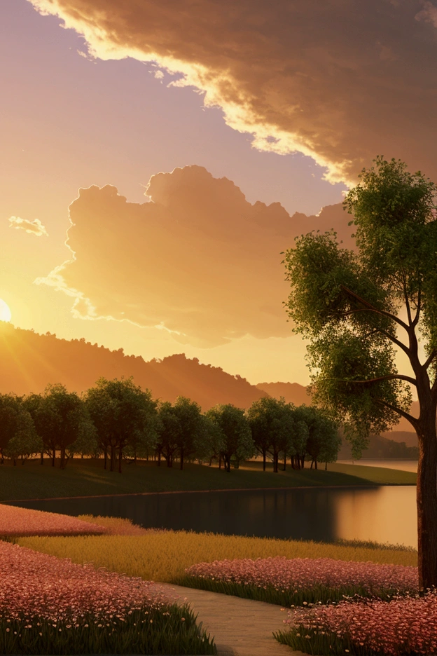A stunning 3D render illustration of a serene spring rain at sunset. The scene features a tranquil lake with a gentle stream flowing into it, surrounded by blossoming wildflowers and lush greenery. The sky is painted with a warm golden hue, casting a soft glow on the scene. In the distance, there's a silhouette of a small hill, with a single tree standing sentinel against the backdrop of the vibrant sunset., illustration, 3d render
