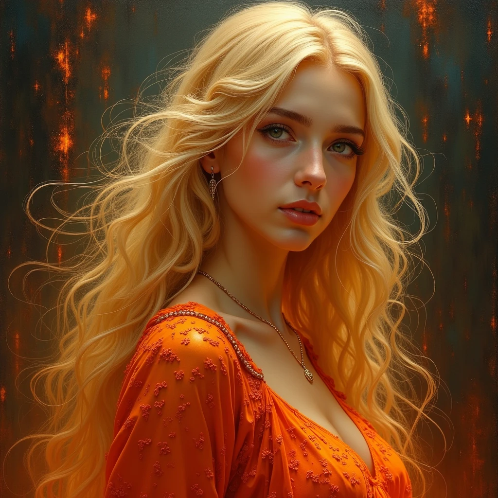 ethereal beauty, Galadriel, beautiful painting in fantasy style., inspired by Nene Thomas, ethereal fairytale, inspired by Edward Robert Hughes, Fantasy style oil painting, ethereal!!!!!!!, ethereal!!!, Fascinated by the spirit of nature, ethereal fantasy, Lava goddess woman, in a fiery dress, hair wash, Mystical Eyes, Essential lighting, Detailed income patterns, graceful pose, Intricate lava and ash motifs, delicate silk fabric, mysterious atmosphere, volcano atmosphere.