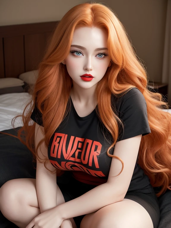 High-quality facial features with red lips and yellow eyes,perfect body , big breasts and huge breasts ,  Blonde woman  with long red  hair with very long red  hair and super long red  hair with very super long red  hair, The quality of a perfect face with clear meanings, red lips and yellow eyes, She wears black socks with walnut shorts and a black T-shirt