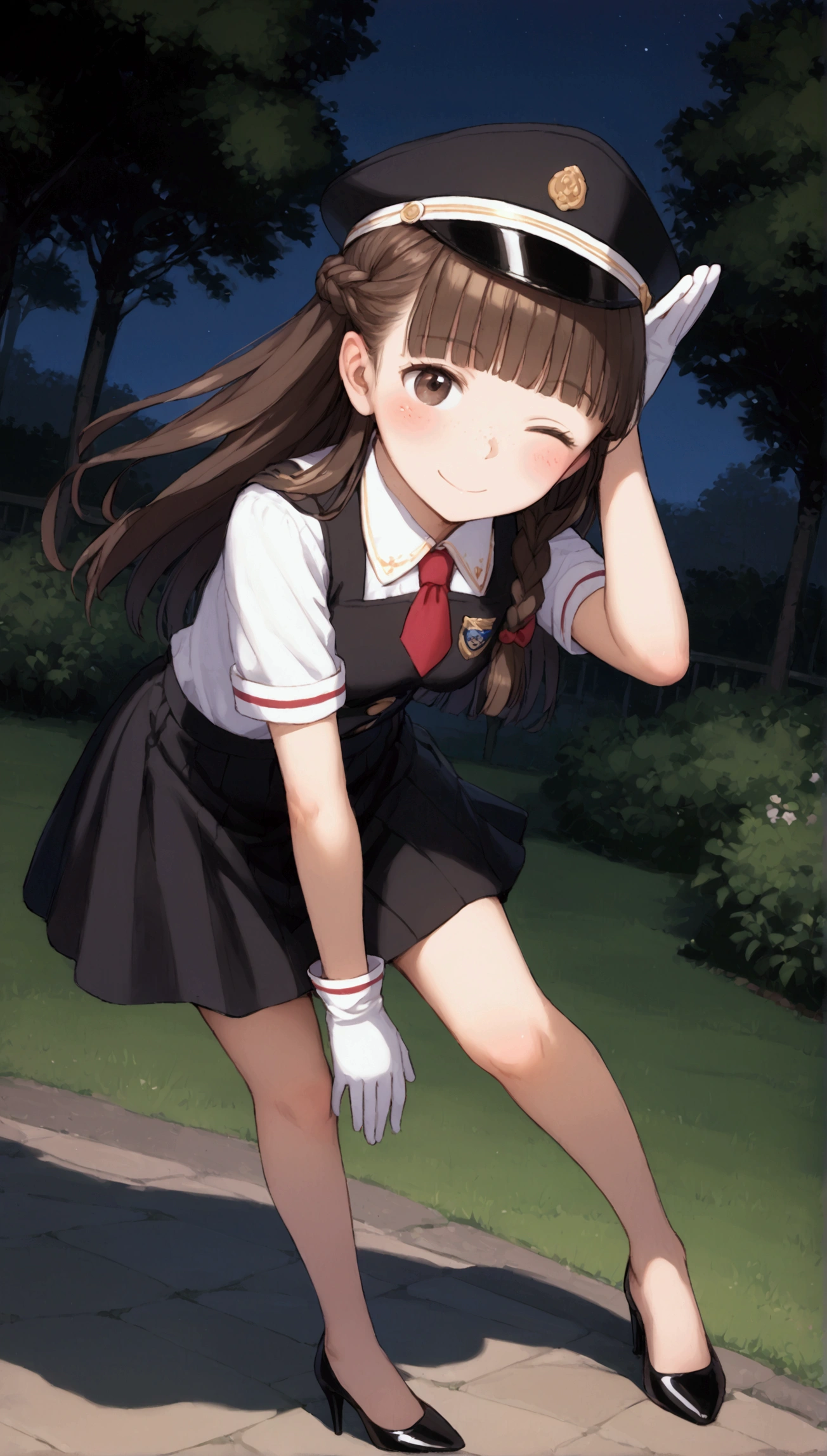 {Highest quality}, {Super beautiful},{Ultra fine},{Best illustration},Brown Hair,Hime cut,long hair,Braid,One woman,Standing Woman,Strike a pose,freckles,smile,smilingly,Smile,Wink,Uniform cap,White Shirt,Short sleeve,Long black skirt,White gloves,In the park at night,Blushing,Slender,Black stiletto heels,barefoot,From an angle,from the front