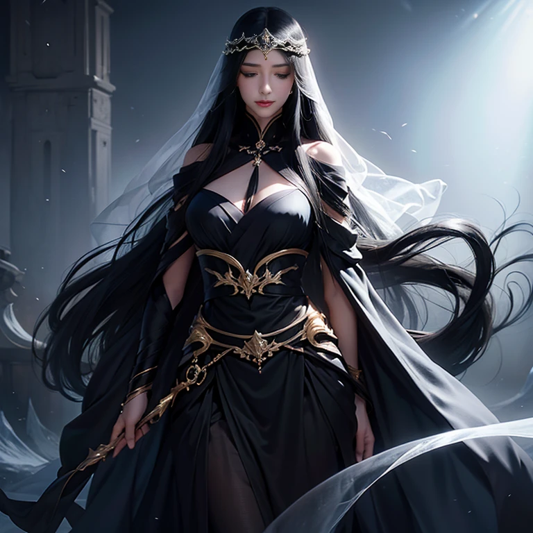 A beautiful woman with long black hair, Bblack hair lisos, Bblack hair, blindfolded,black veil, She wears long, flowing garments made from a dark fabric that absorbs light and blends into the shadows around her., Your presence exudes an ethereal and cold aura, representing the transition between life and death, high qualiy, standing, flying