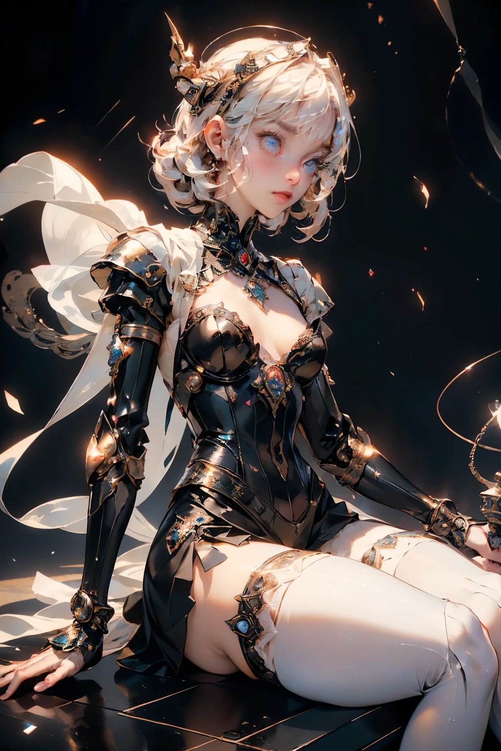 (((masterpiece, of the highest quality, super detailed))), (a female knight of an occult order), (an occult saint), (combat pose), (ready for combat), (resolved expression), (resolute expression), (((holding a sword with a digital-glitch-like blade as though it is rapidly flickering in and out of reality))) ((glitch sword)), ((glitching sword blade)), (nier: automata), Edwardian/Victorian era inspired, ((minimal but intricate beautiful armour)), ((Fluttering lace flared dress with frilly petticoats)), ((((Highly detailed face))), (((Very sharp focused eyes))), very long eyelashes, (small breasts), (((flat chest:1.1))), occult aesthetic, (red and white clothing detailed and intricate steampunk and detailed gothic), (with a hood), complex lace boots, (full body)