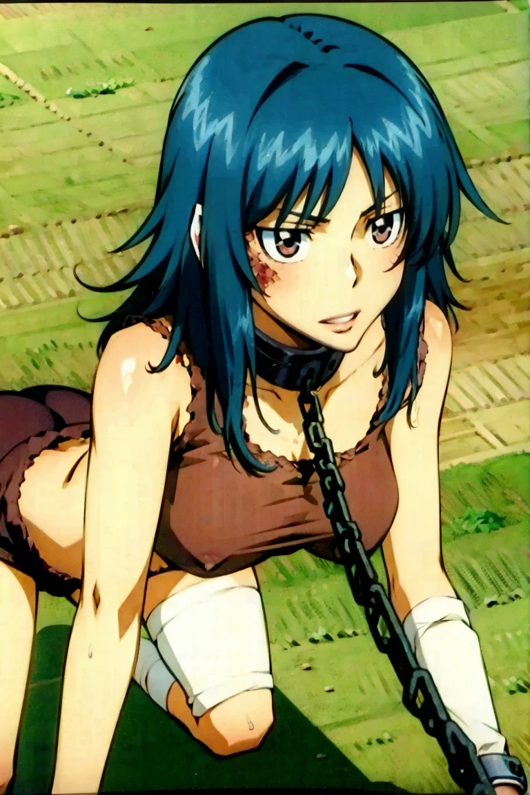 red eyes, blue hair, long hair, messy hair, (((red tank top))), navel, bare shoulder, hair between eyes, straight hair, gleaming kin, oil skin, shiny skin, sweat, wet skin, large breasts, cleavage, (((hands on the ground, on all fours))), (((chain leash, viewer holding chain leash, animal collar, animal collar connected chain leash, pet play, collar))),
