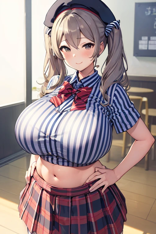 (masterpiece, Highest quality:1.2), alone, 1 girl, Kashima Lawson, smile, Looking at the audience, Hands on hips, Twin tails, beret, employee uniform, (Striped shirt), skirt,indoor, convenience store,(Huge round breasts:1.4),(Firm stomach),(athlete&#39;s chest),An athletic body,(Black bra),Firm stomach,Excited,Sweat,Troubled face,Showing off your bra,Accentuate your breasts,Open shirt,From below