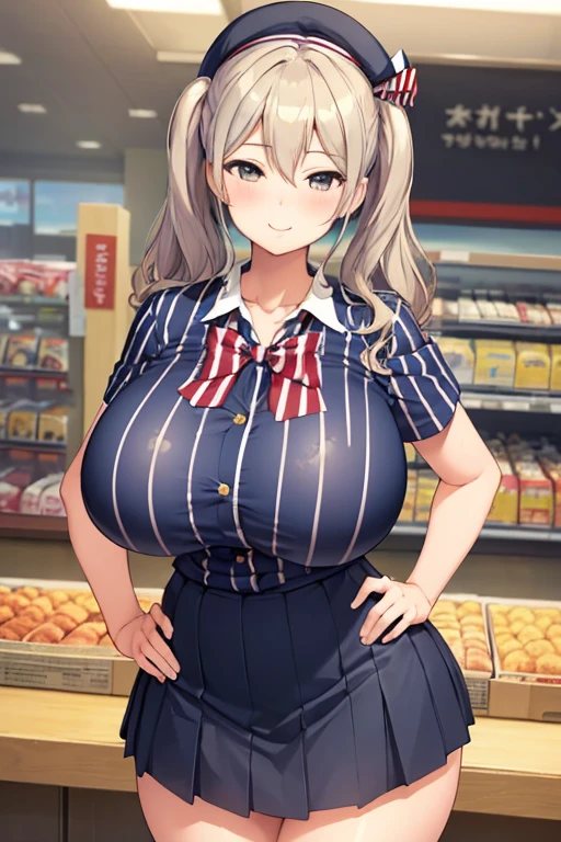 (masterpiece, Highest quality:1.2), alone, 1 girl, Kashima Lawson, smile, Looking at the audience, Hands on hips, Twin tails, beret, employee uniform, (Striped shirt), skirt,indoor, convenience store,(Huge round breasts:1.4),(Firm stomach),(athlete&#39;s chest),An athletic body,(Black bra),Firm stomach,Excited,Sweat,Troubled face,Showing off your bra,Accentuate your breasts,Open shirt,From below