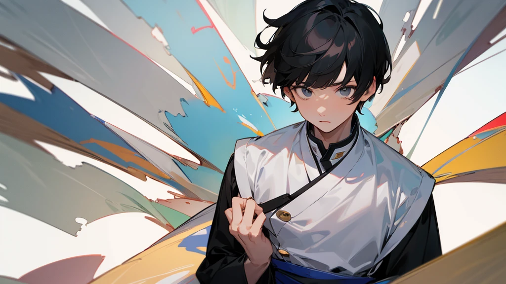 individual, anatomically correct, best quality, short hair, Bangs, 眼間Bangs, Aho, black hair, Boy's long pointed ears, Blushing, Fangs, A light blush, simple background, halo above head, feather headdress, Backlight, cartoon, cartoon風格,