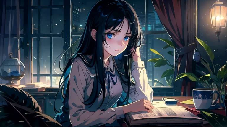 Create an illustration of a girl with black hair and blue eyes, sitting in a chair in front of a desk, Sentimental, Introspective look。, The moonlight gently shines into the room, Gently illuminate the space, Curtains sway in the wind, Increase tranquility, Dark mood, Emphasise the theme of loneliness, silence, And the depths of night, The room is dark、dimly lit by the moonlight