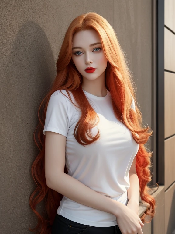 High-quality facial features with red lips and yellow eyes,perfect body , big breasts and huge breasts , Blonde woman with long red hair with very long red hair and super long red hair with very super long red hair, The quality of a perfect face with clear meanings, red lips and yellow eyes, She wears black socks with walnut shorts and a black T-shirt