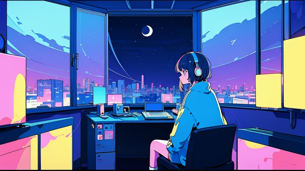 (From behind), Anime girl sitting in front of a computer in a cozy bedroom, Girl listening to music in a cozy room (night), Use headphones, On the roof, (beautiful night views from windows), Lots of things, 2D Anime Style, The aesthetics of anime in the 90s, Lo-Fi, Very detailed, hard disk, A mix of anime style and Fujifilm, Surreal, 8k, masterpiece